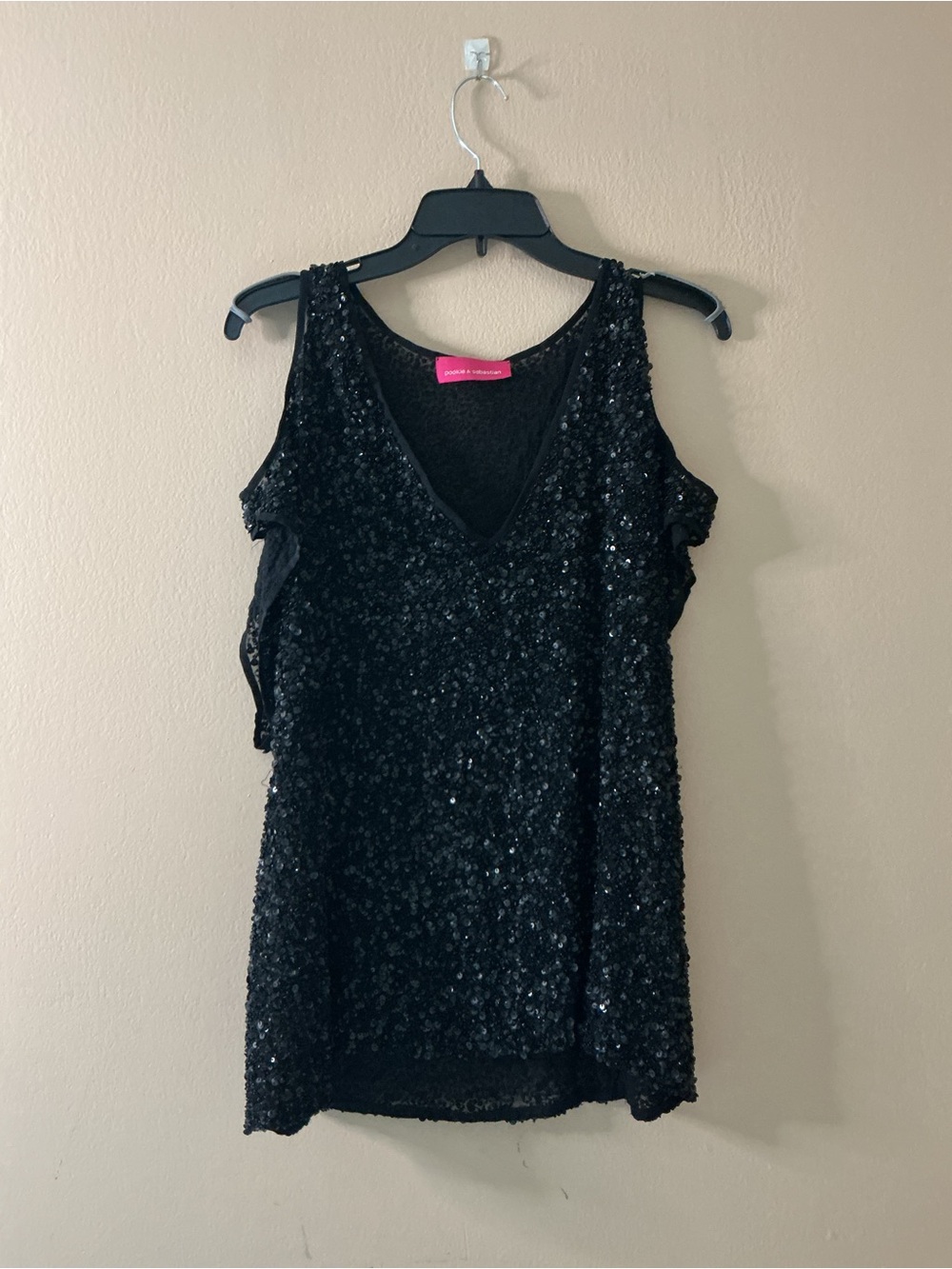 Vintage 100% Silk Black Sequin V-Neck Cold Shoulder Top